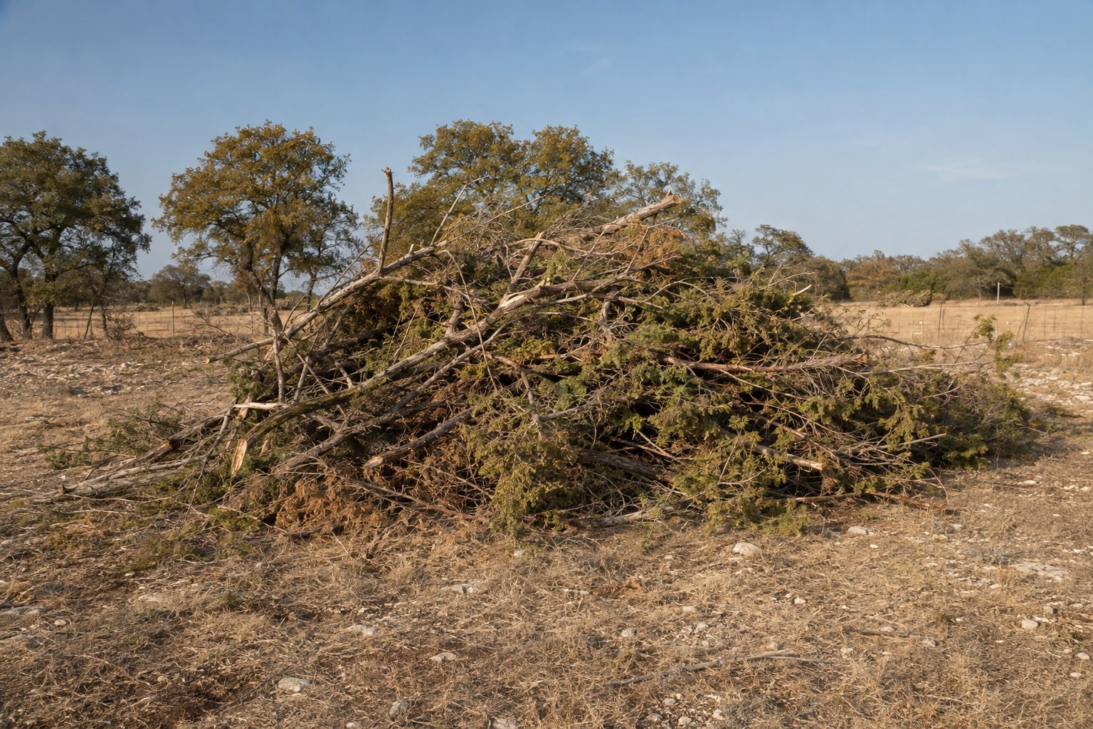 A large brush pile on a Central Texas property waiting to be burned